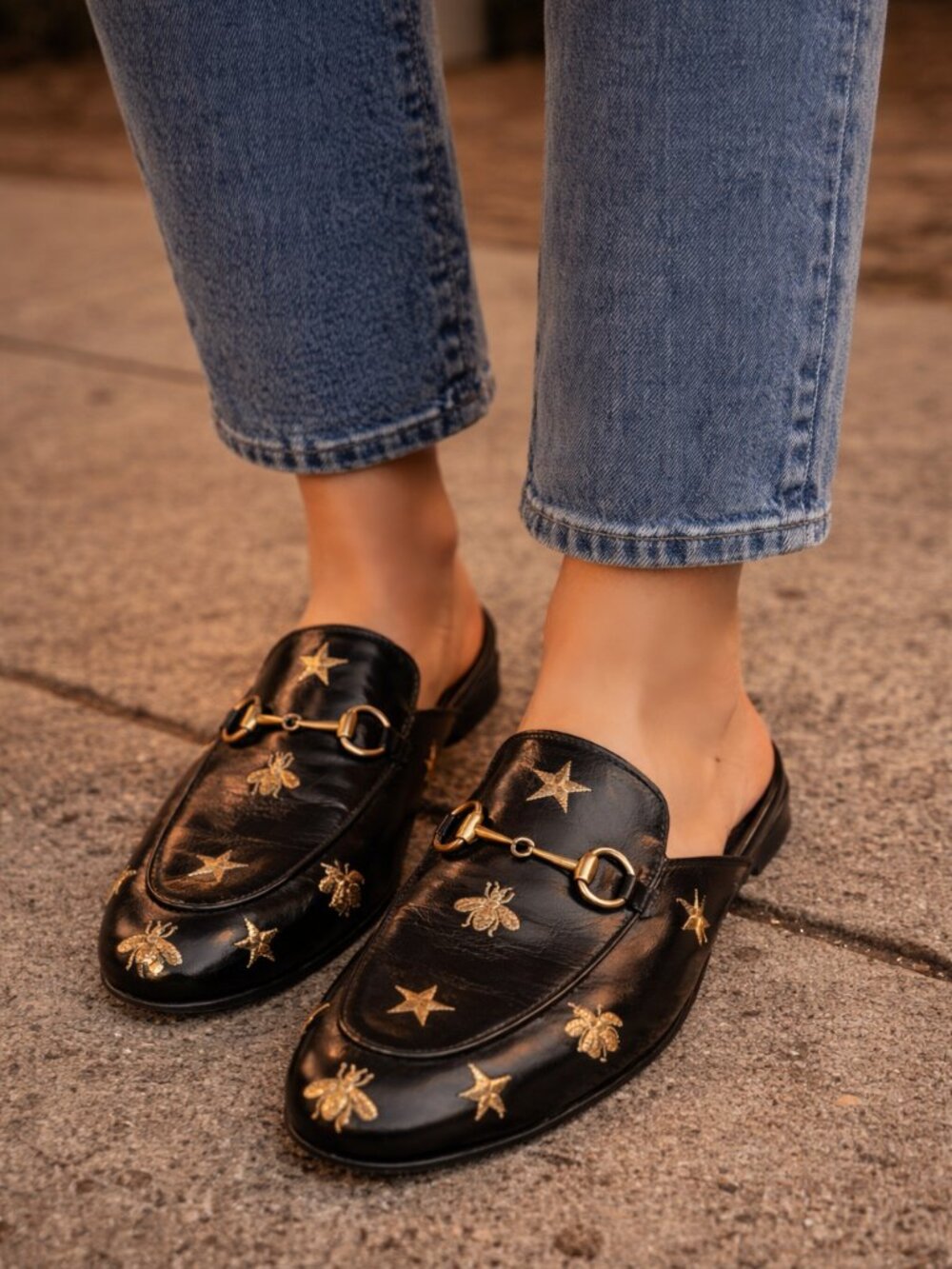 GUCCI Princetown Bees & Stars Embroidered Mules Black Leather Blogger Celebrity - Picture 1 of 13